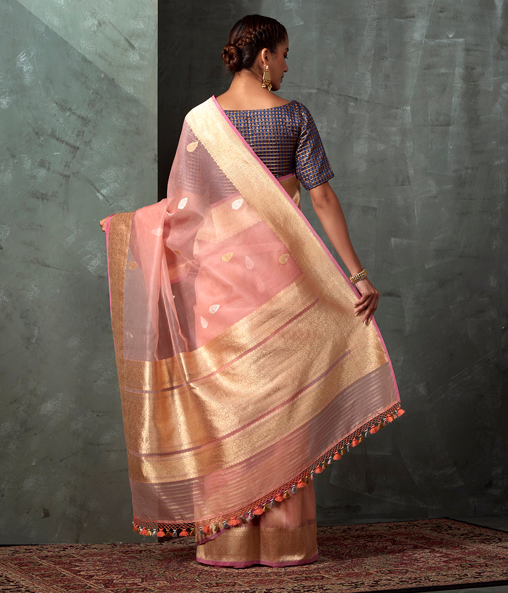 Handwoven_Peach_Kora_Saree_with_Gold_Silver_Zari_Booti_WeaverStory_03