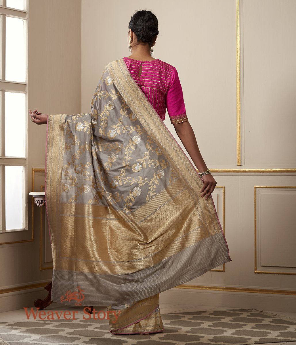 Handloom_Grey_and_Beige_Banarasi_Jangla_with_Pink_Selvedge_WeaverStory_03