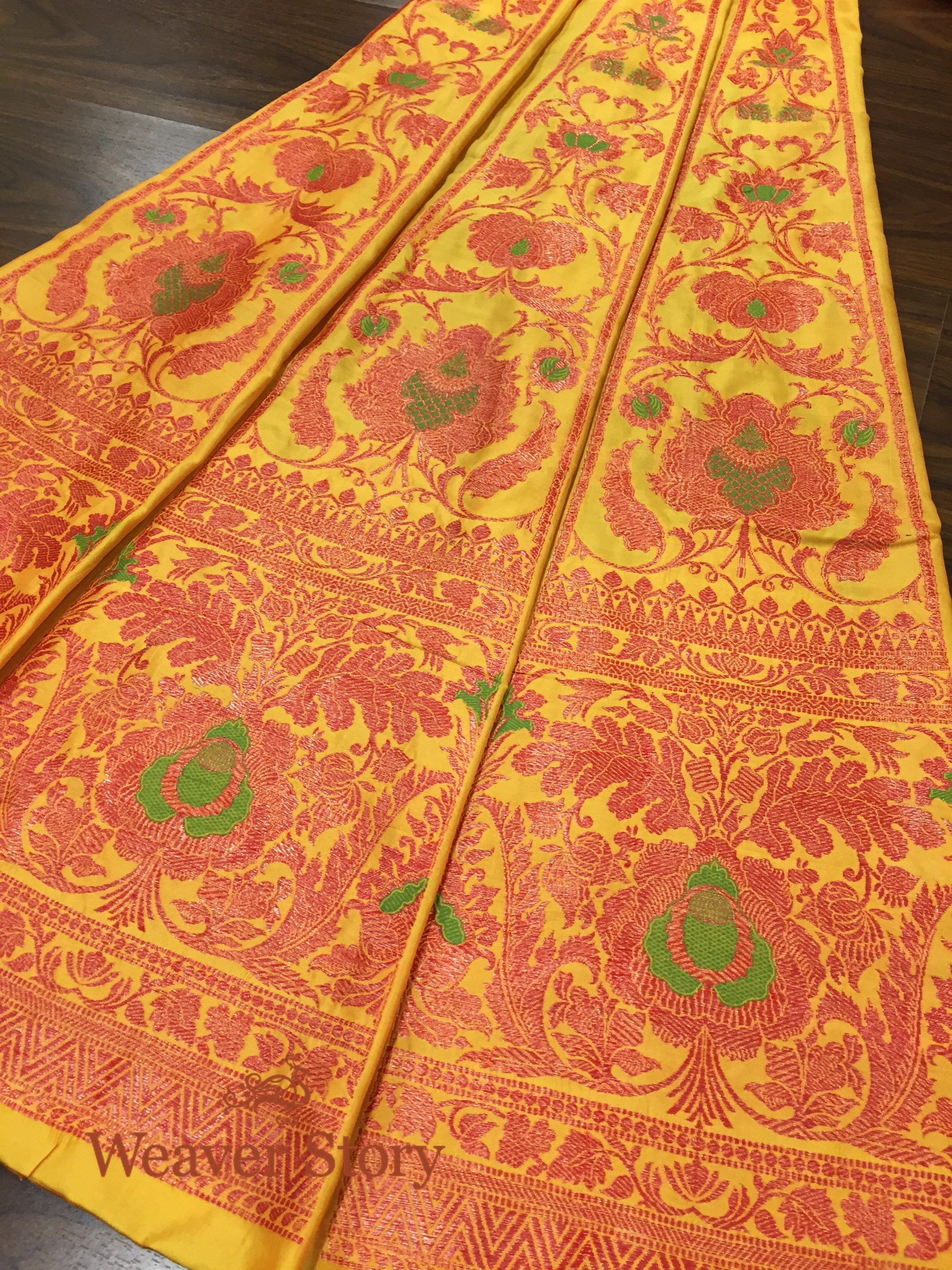 Handloom_Mustard_and_Red_copper_zari_banarasi_Lehenga_with_Meenakari_WeaverStory_04