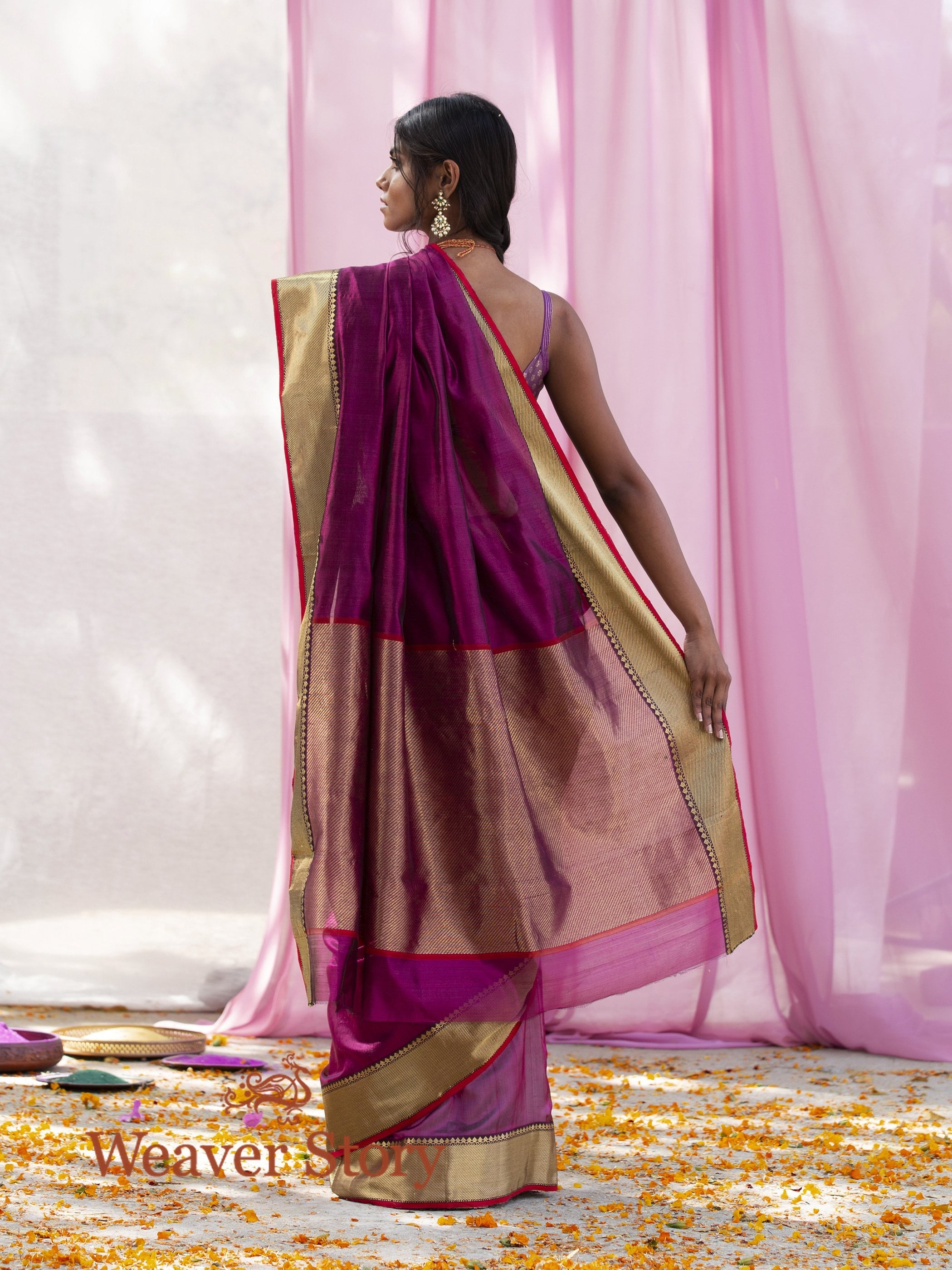 Handwoven_Wine_Plain_Chanderi_Saree_with_Zari_Border_WeaverStory_03