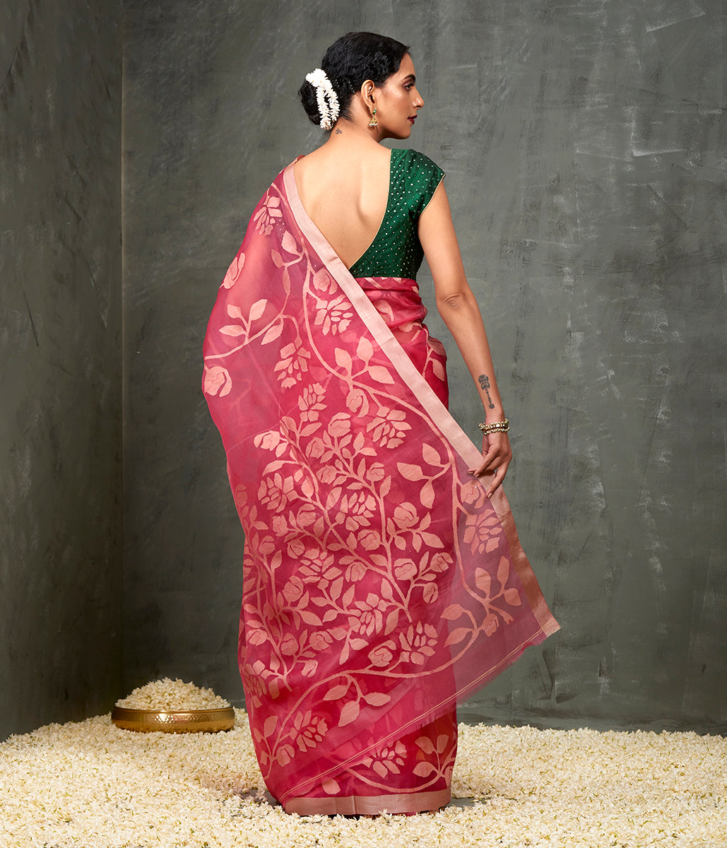 Handwoven_Strawberry_Pink_Muslin_Jamdani_Saree_with_all_over_Jaal_WeaverStory_03