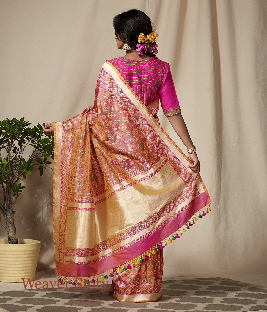 Handwoven_Peach_and_Pink_Banarasi_Patola_Saree_with_Meenakari_WeaverStory_03