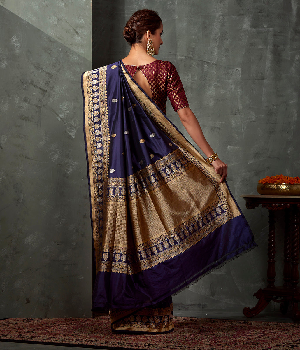 Handwoven_Navy_Blue_Kadhwa_Boota_Saree_with_Gold_and_Silver_Zari_WeaverStory_03