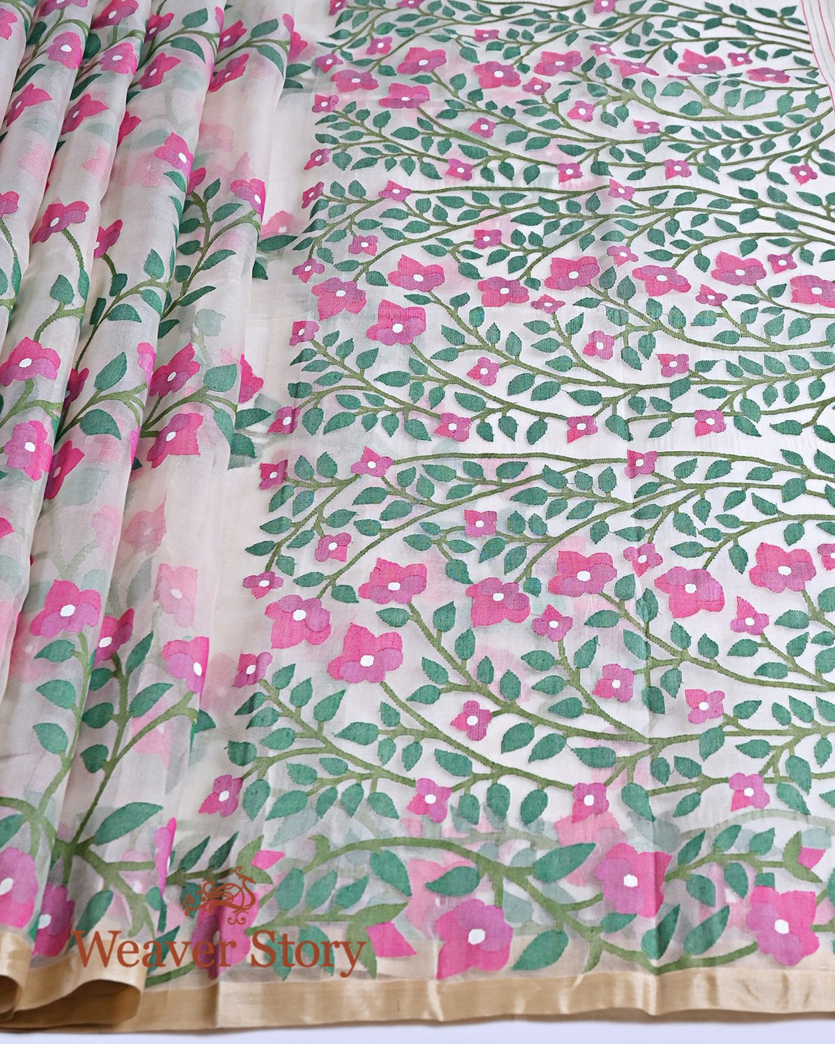 Handwoven_White_All_Over_Green_and_Pink_Jaal_Dhakai_Jamdani_Saree_WeaverStory_03