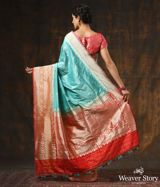 Handwoven_Light_Blue_Kadhwa_Boota_with_Orange_Border_WeaverStory_03