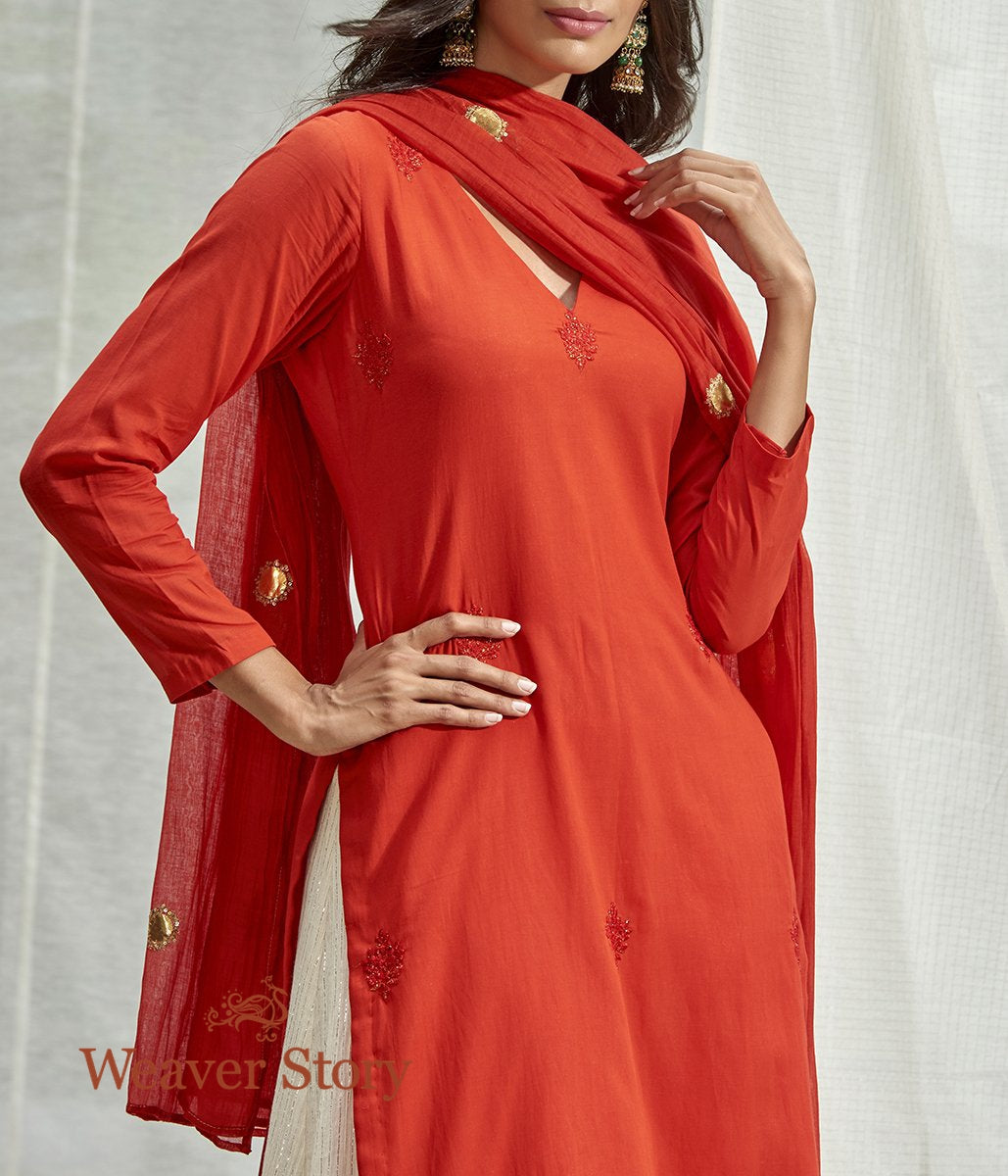 Handwoven_Red_Chanderi_Kurta_and_Skirt_with_Mirror_Work_Dupatta_WeaverStory_02