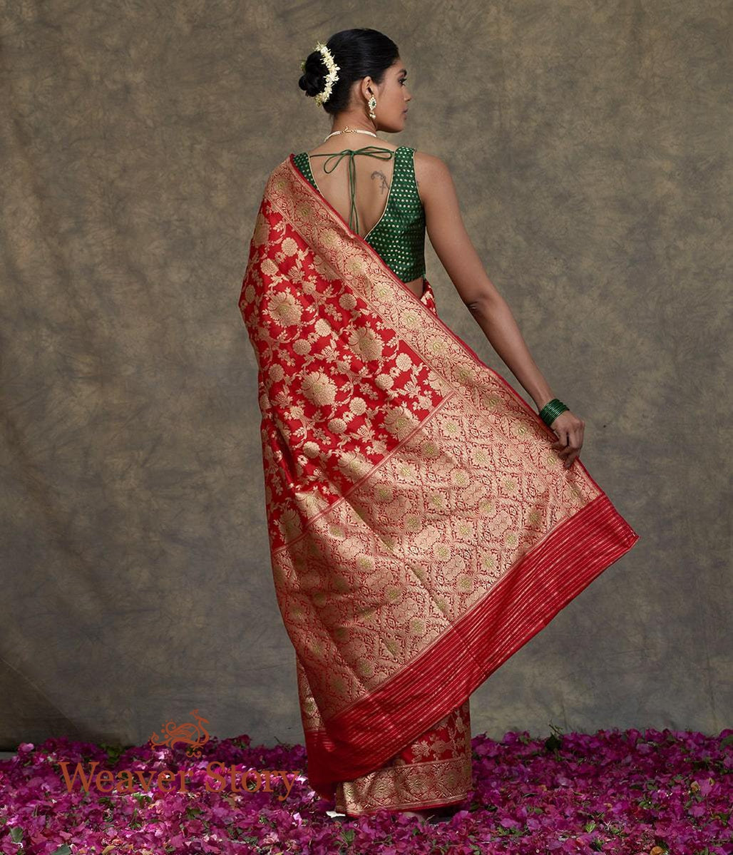 Handwoven_Red_Kadhwa_Jangla_Saree_with_Green_Meenakari_WeaverStory_03