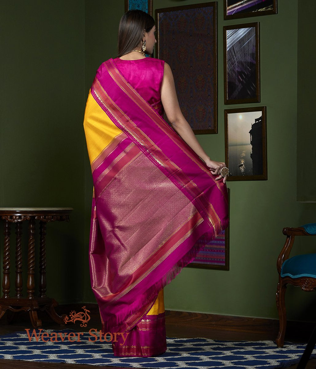 Handwoven_Mustard_Kanjivaram_Saree_with_Majenta_Border_WeaverStory_03