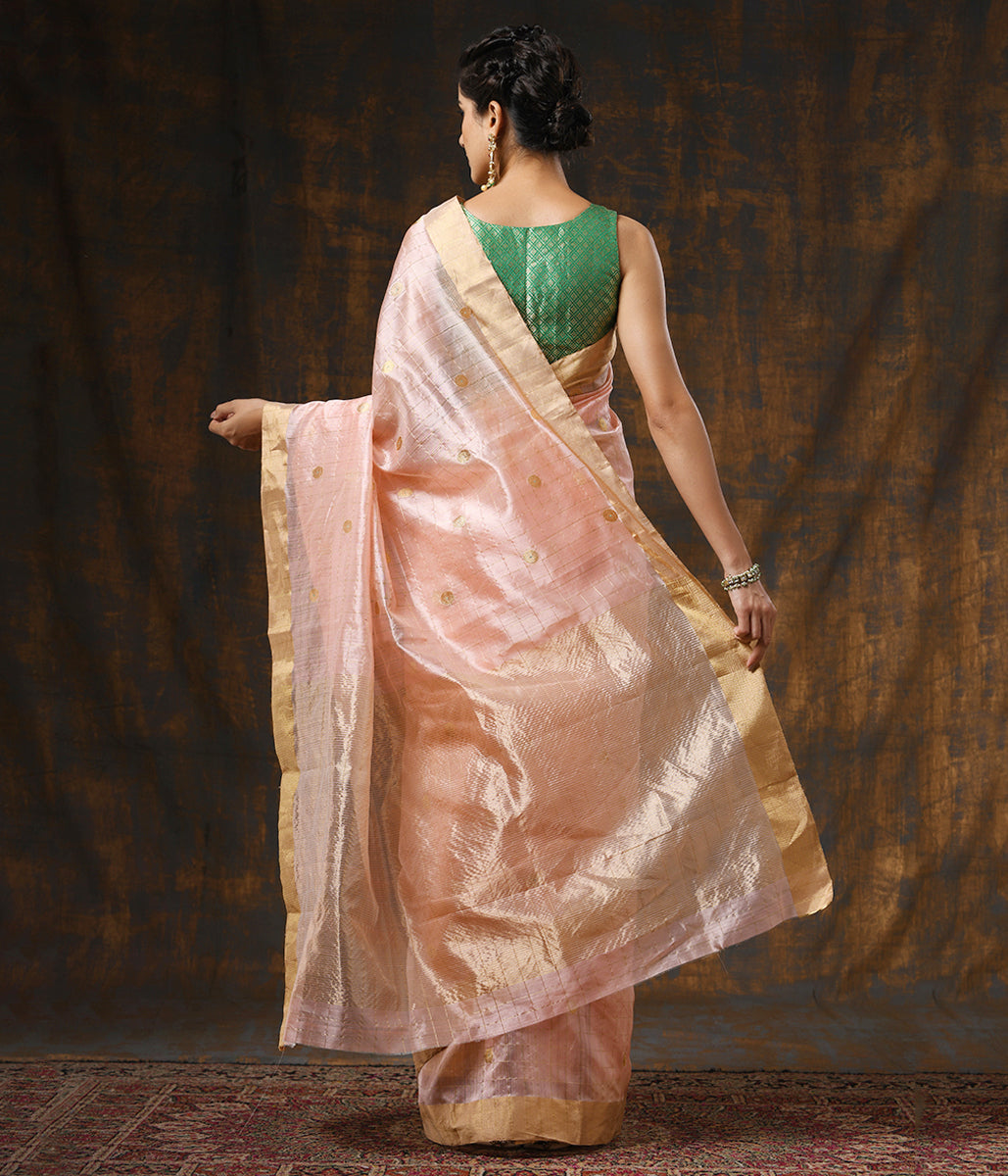Handloom_Peach_Silk_Chanderi_Saree_with_Checks_and_Asharfi_Booti_WeaverStory_03