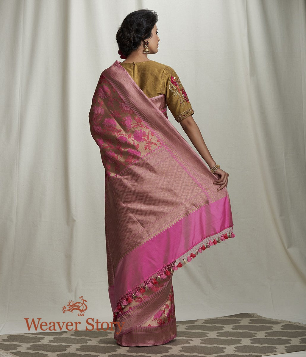 Handwoven_Copper_Zari_Base_Banarasi_Saree_with_Pink_Flowers_WeaverStory_03