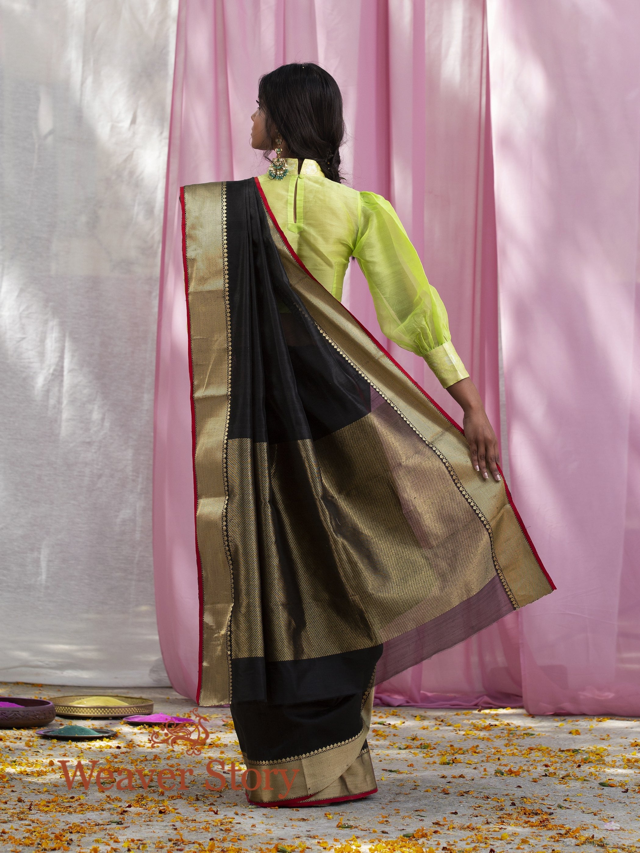 Handwoven_Black_Plain_Chanderi_Saree_with_Gold_Border_WeaverStory_03