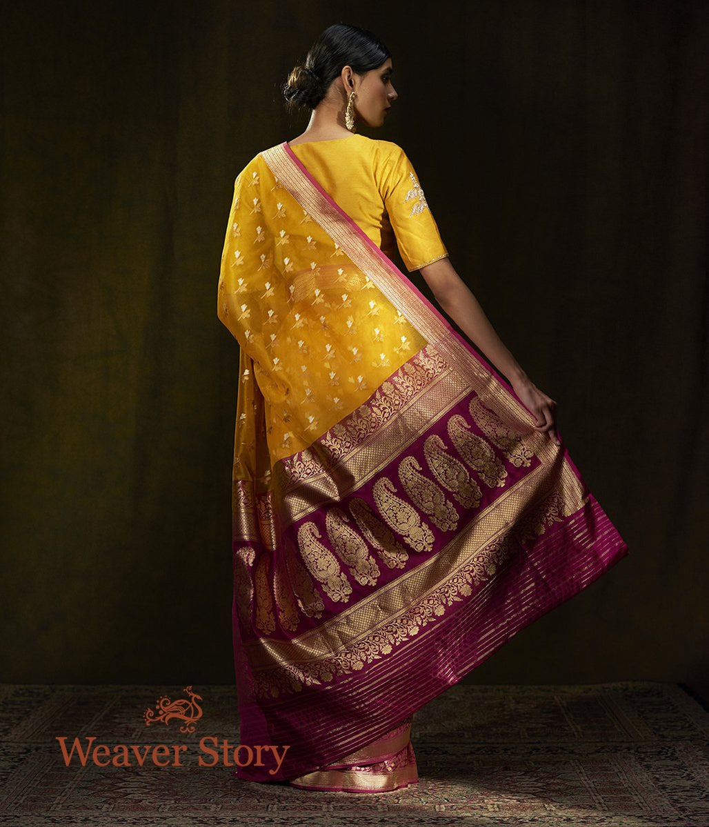 Handloom_Yellow_Kora_Silk_Banarasi_Saree_with_Pink_Border_WeaverStory_03