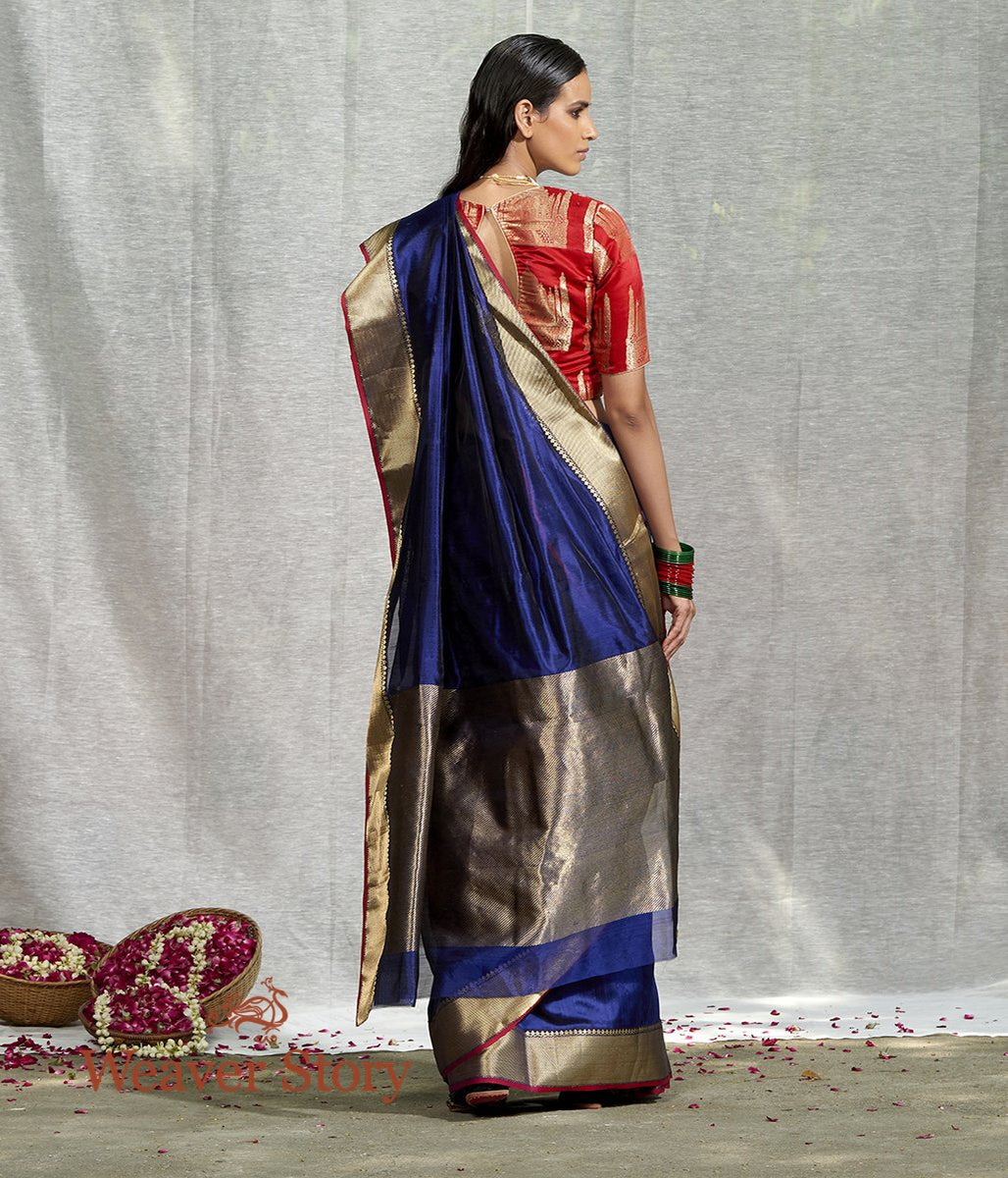 Handwoven_Blue_Plain_Silk_Cotton_Saree_with_Solid_Zari_Border_WeaverStory_03