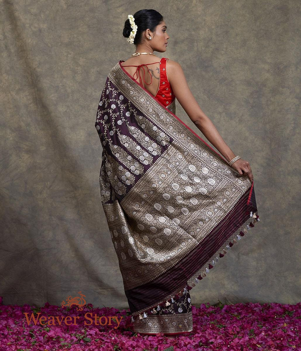 Handwoven_Wine_Black_Bareek_Meenakari_Jaal_Saree_with_Pink_Selvedge_WeaverStory_03