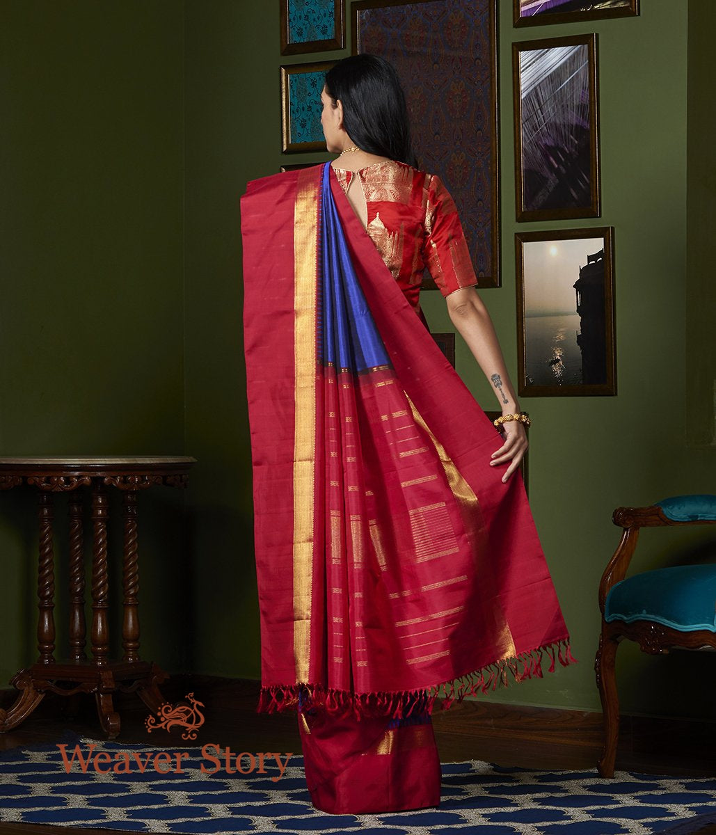 Handwoven_Blue_and_Black_Dual_Tone_Kanjivaram_Silk_Saree_with_Red_Border_WeaverStory_03