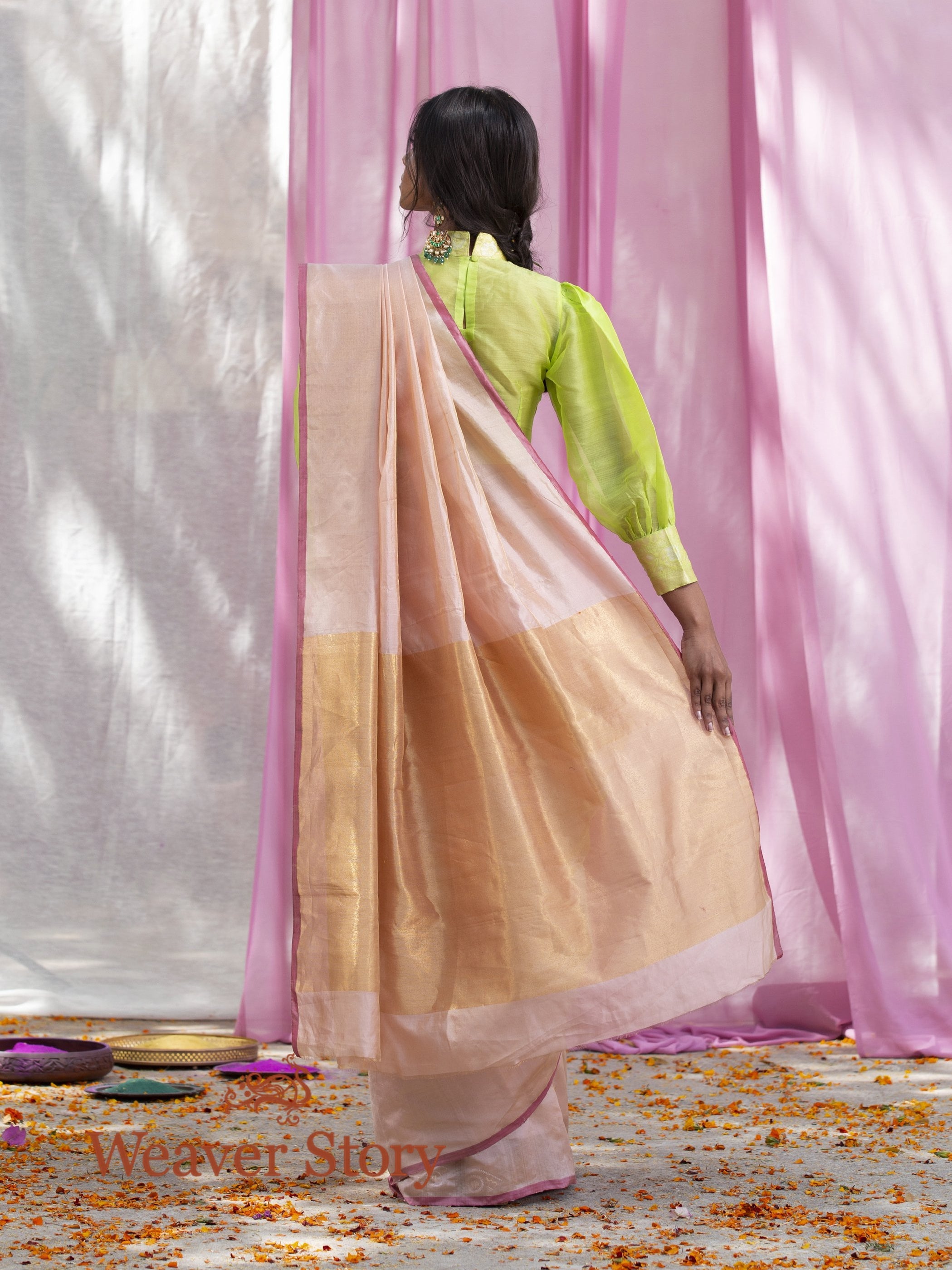 Handwoven_Peach_Tissue_Plain_Chanderi_Saree_WeaverStory_03