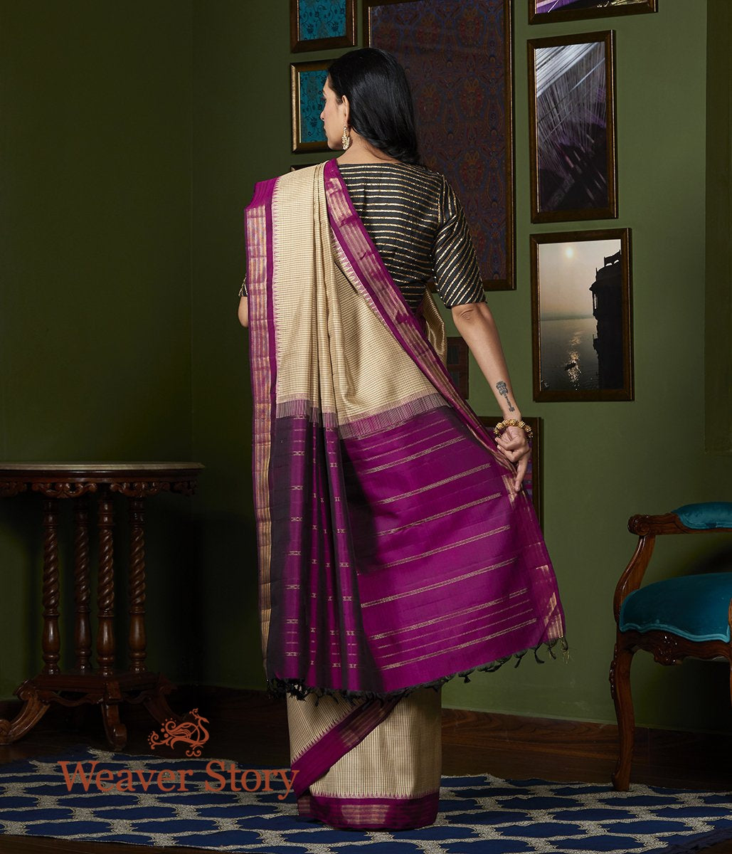 Handwoven_Beige_Ikat_Kanjivaram_Saree_with_Purple_Border_WeaverStory_03