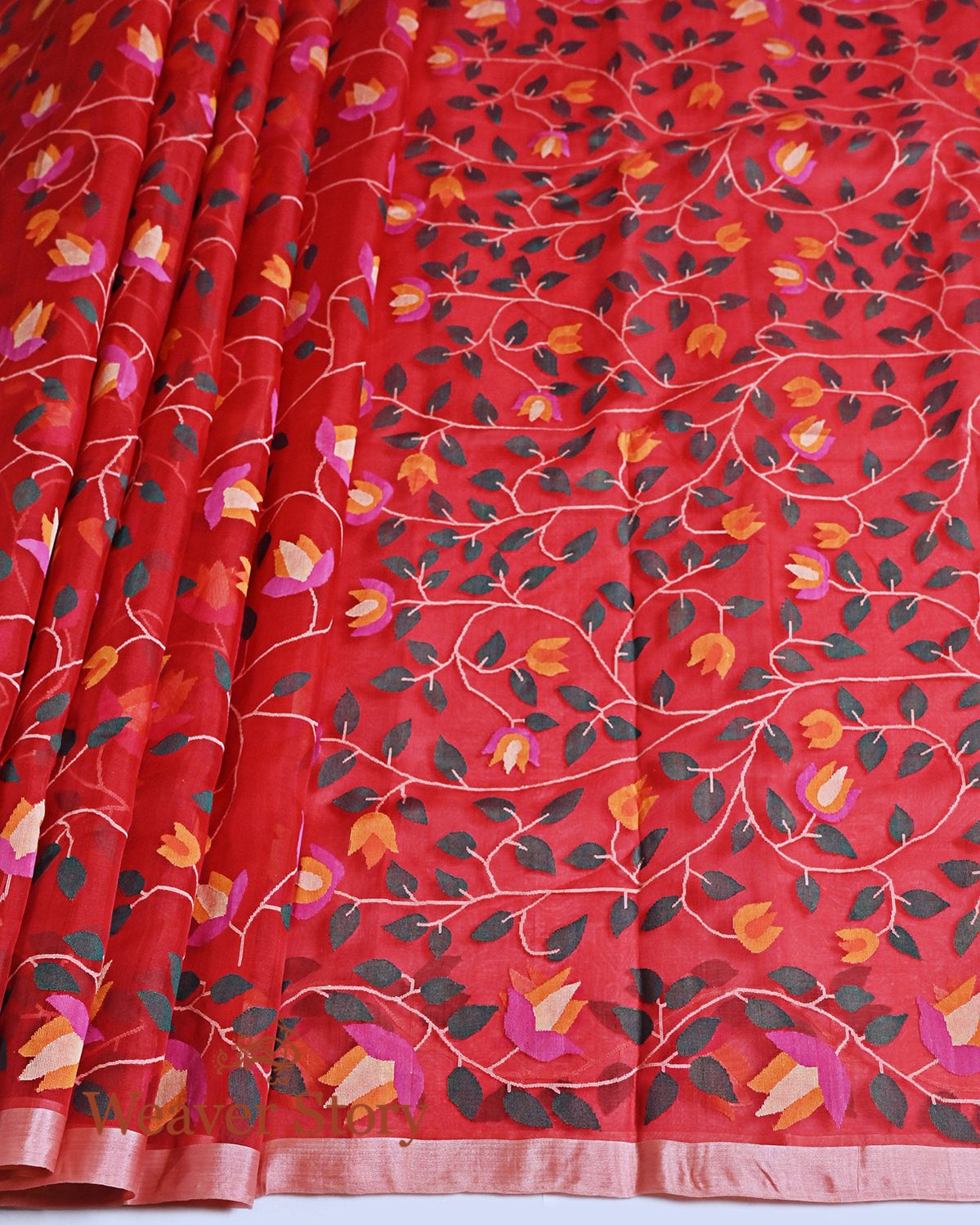 Handwoven_Red_All_Over_Floral_Weave_Silk_Muslin_Jamdani_Saree_WeaverStory_03