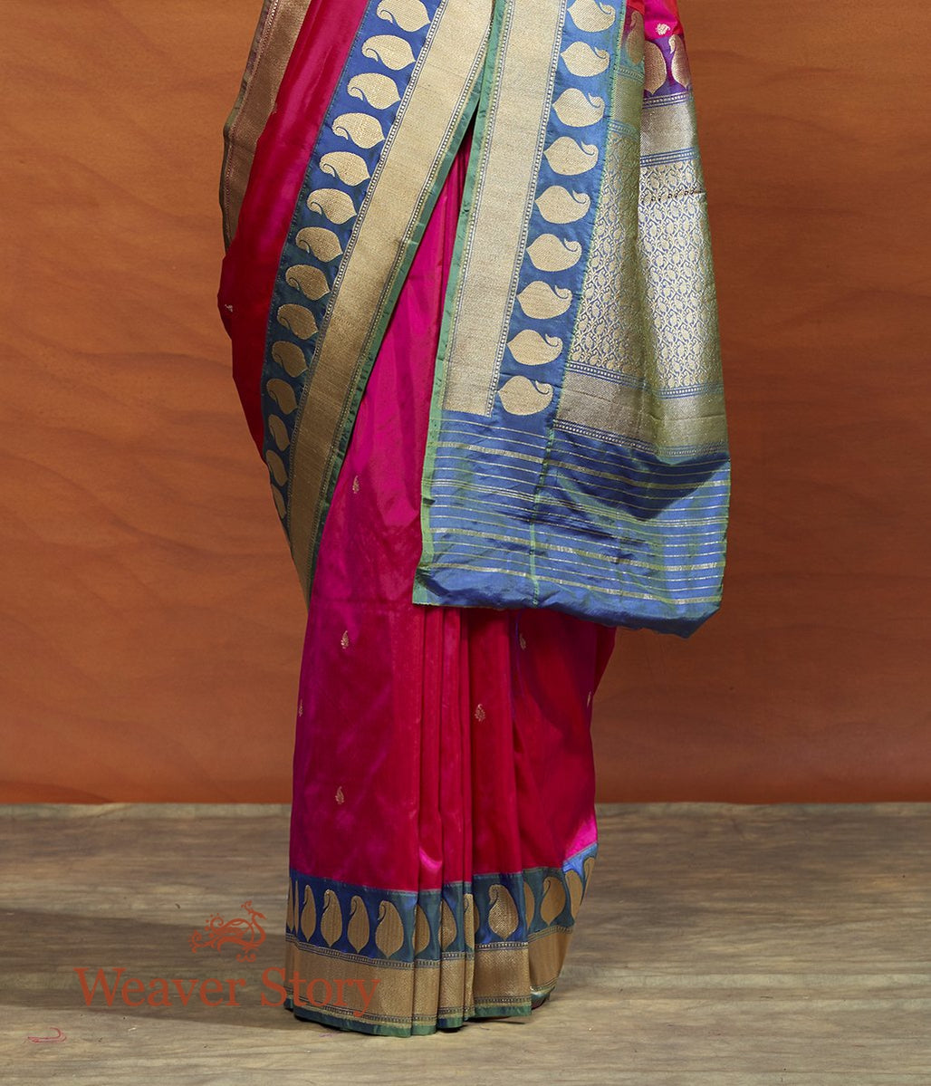 Handloom_Pink_Kadhwa_Booti_Saree_with_Contrast_Green_Border_with_Paisley_WeaverStory_04