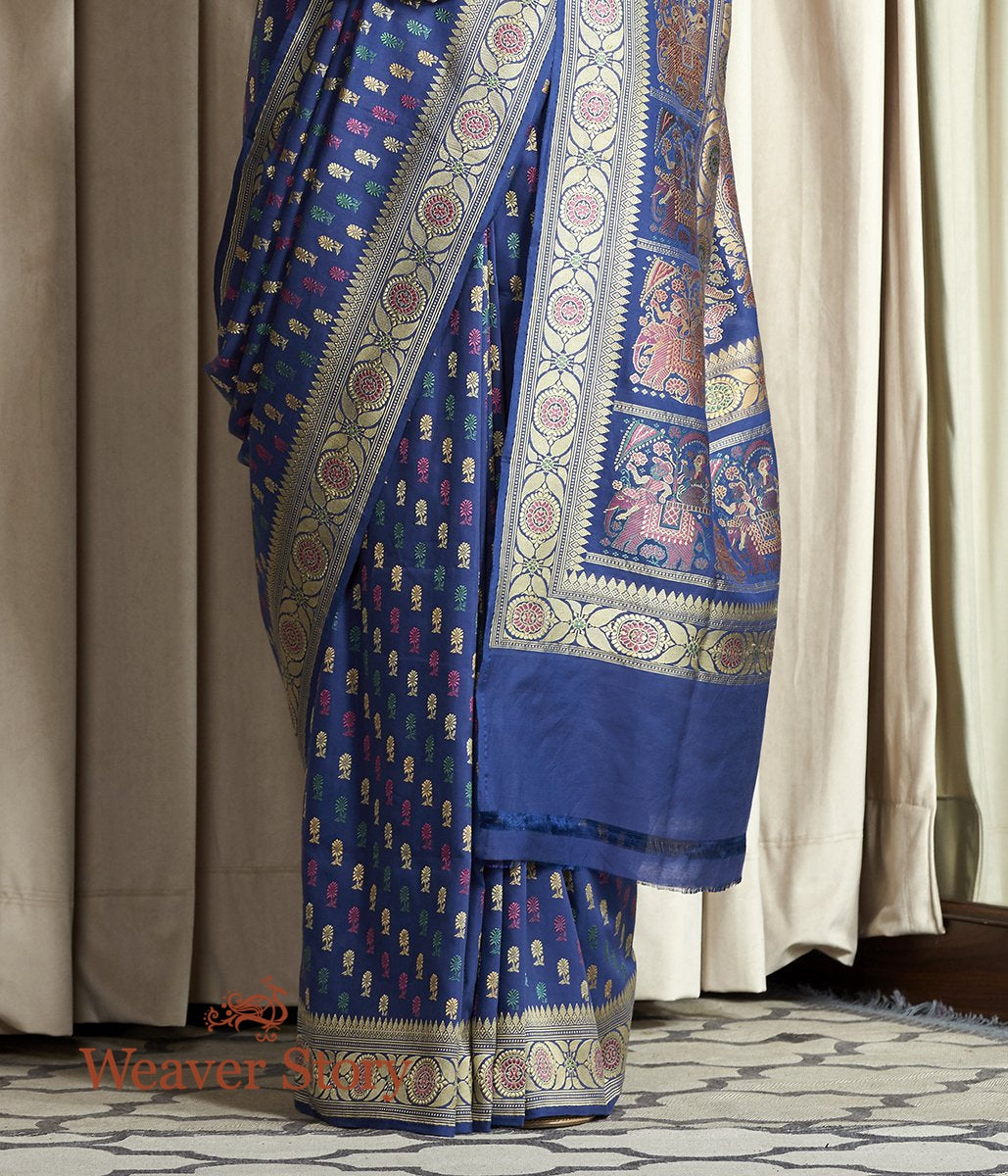 Handloom_Navy_Blue_Hand_Spun_Cotton_Silk_Baluchari_Saree_with_Small_Booti_WeaverStory_04