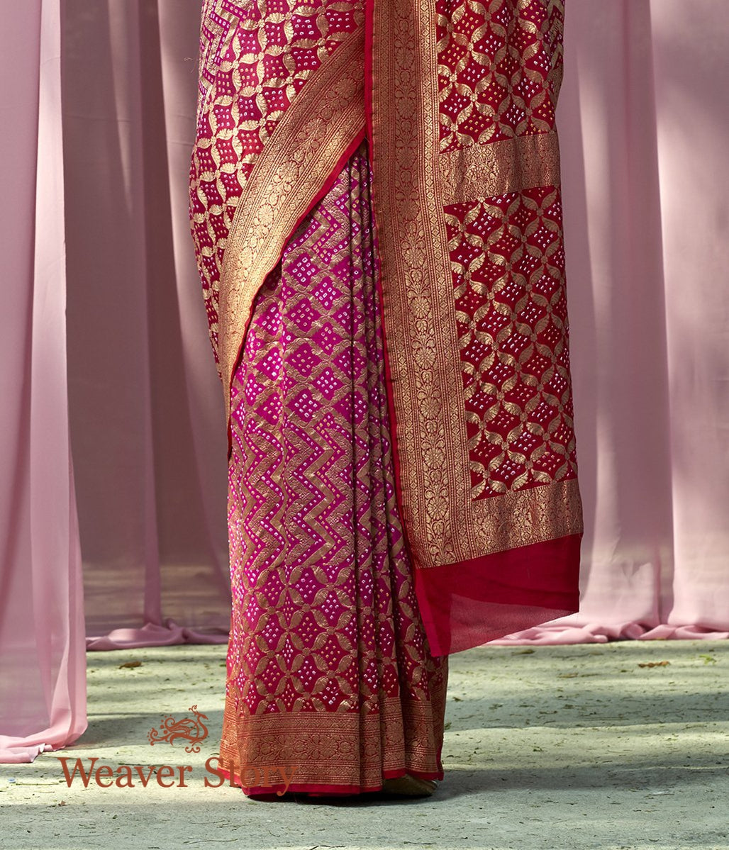 Handloom_Pink_and_Red_Ombre_Dyed_Banarasi_Bandhej_Saree_WeaverStory_04