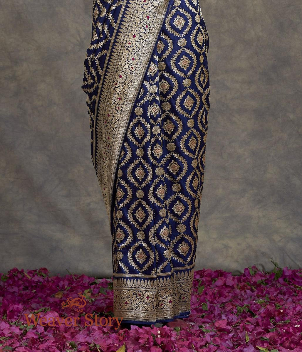 Handwoven_Dark_Blue_Fine_Zari_Katan_Jangla_Saree_WeaverStory_04