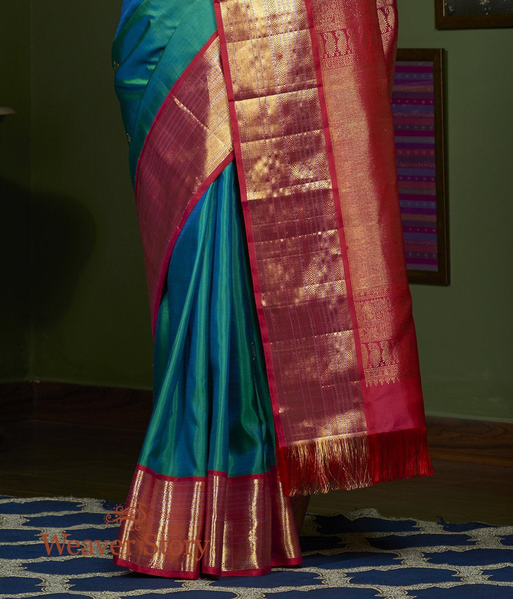 Handloom_Green_Kanjivaram_Silk_Saree_with_Pink_Border_WeaverStory_04