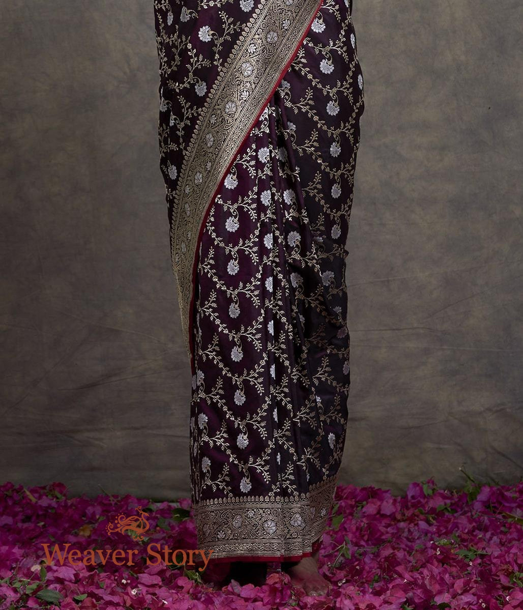 Handwoven_Wine_Black_Bareek_Meenakari_Jaal_Saree_with_Pink_Selvedge_WeaverStory_04