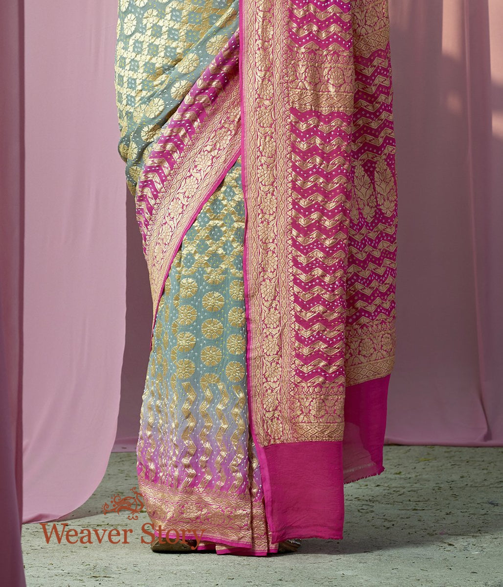 Handwoven_Pink_and_Green_Shaded_Banarasi_Bandhej_Saree_WeaverStory_04