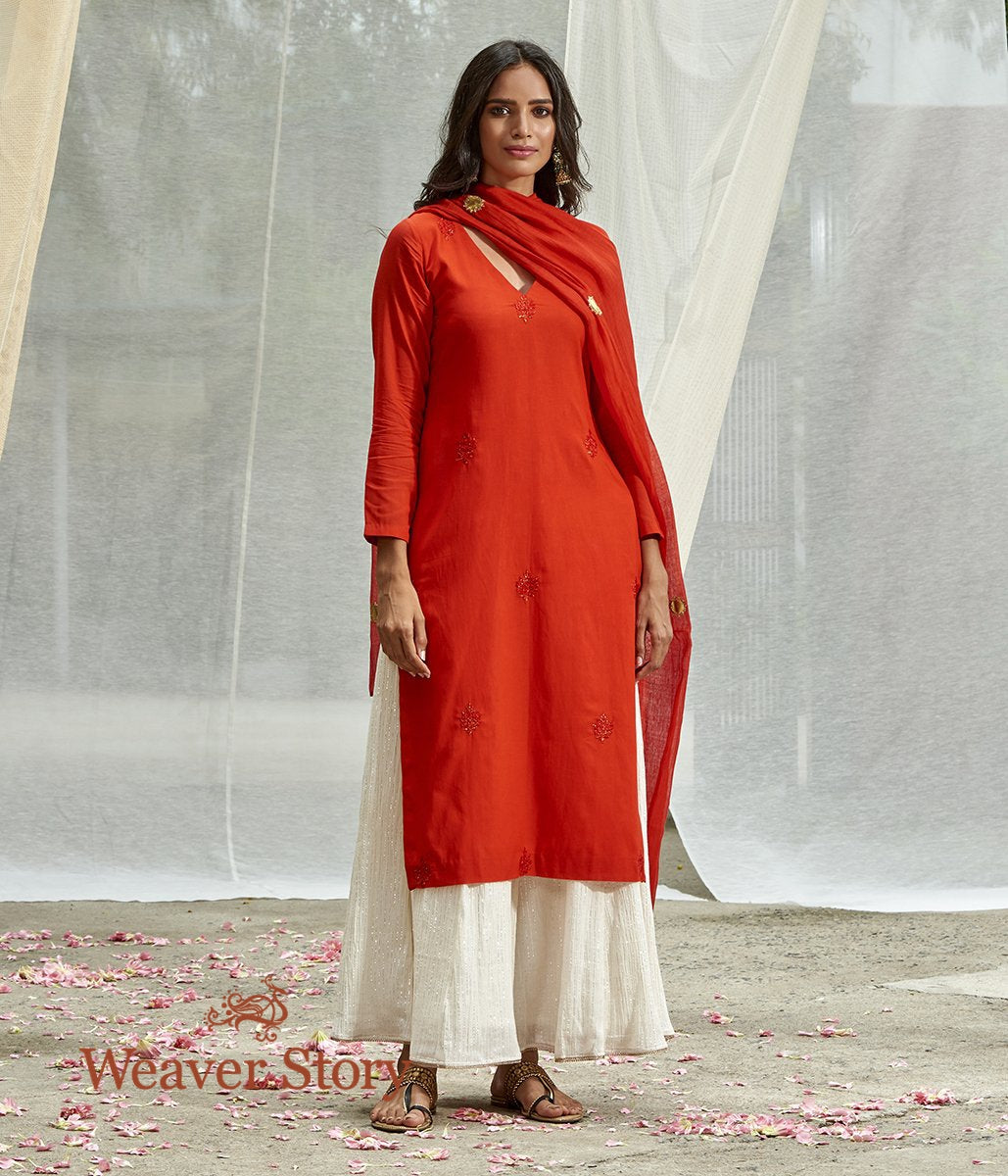 Handwoven_Red_Chanderi_Kurta_and_Skirt_with_Mirror_Work_Dupatta_WeaverStory_03