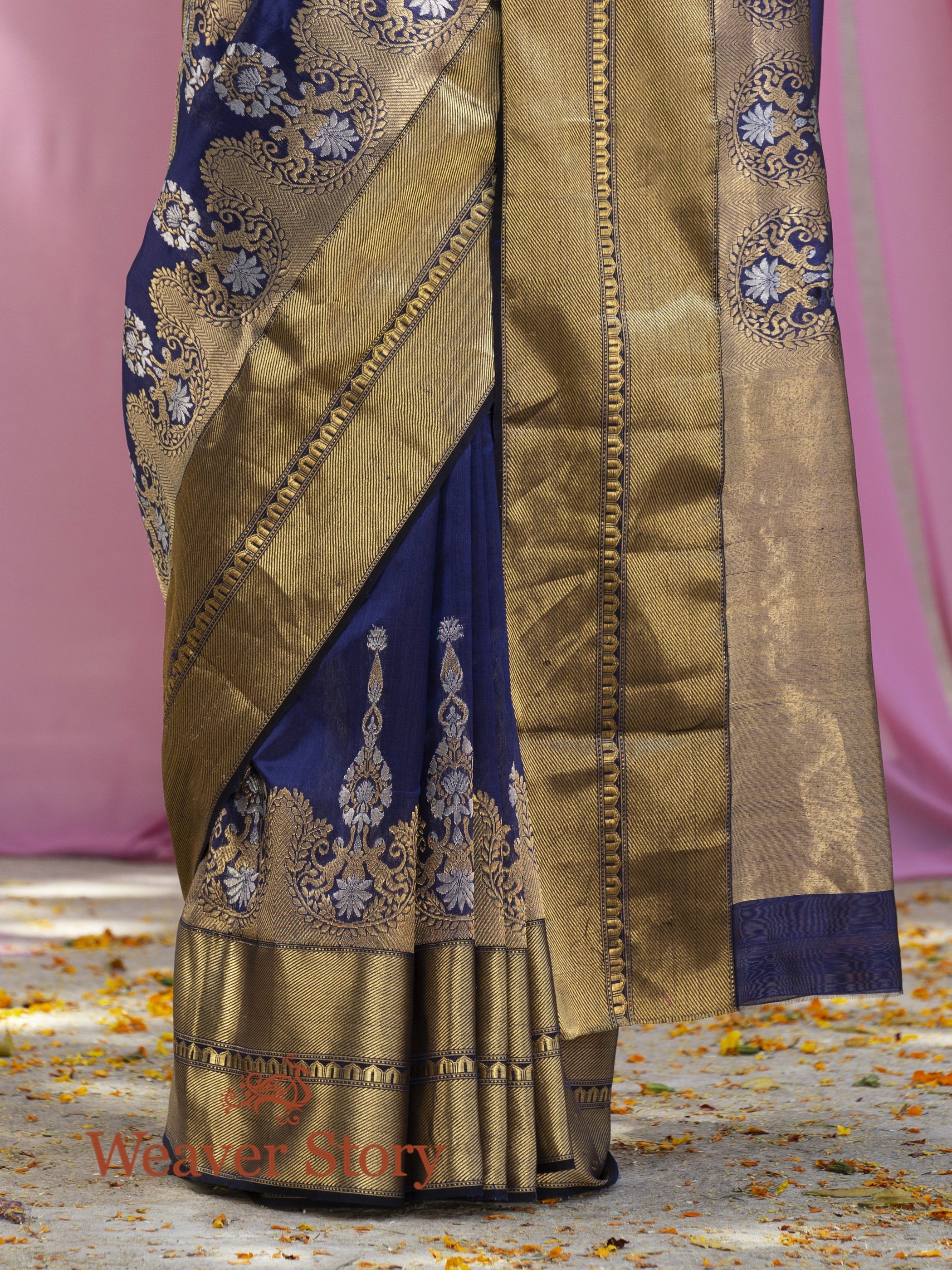 Handwoven_Blue_Chanderi_Silk_Saree_with_Gold_and_Silver_Zari_Border_WeaverStory_04