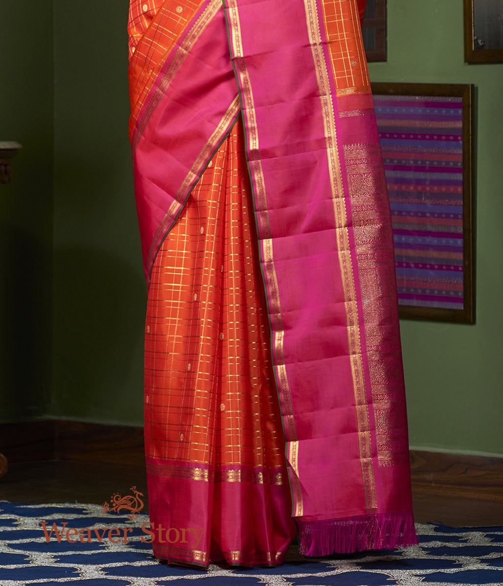 Handloom_Orange_Zari_Checks_Kanjivaram_Saree_WeaverStory_04