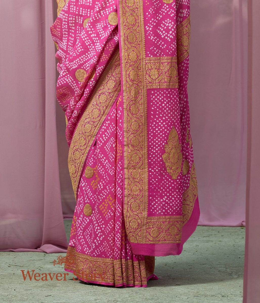 Handloom_Cuwork_Pink_Banarasi_Bandhej_Saree_with_Yellow_Border_WeaverStory_04