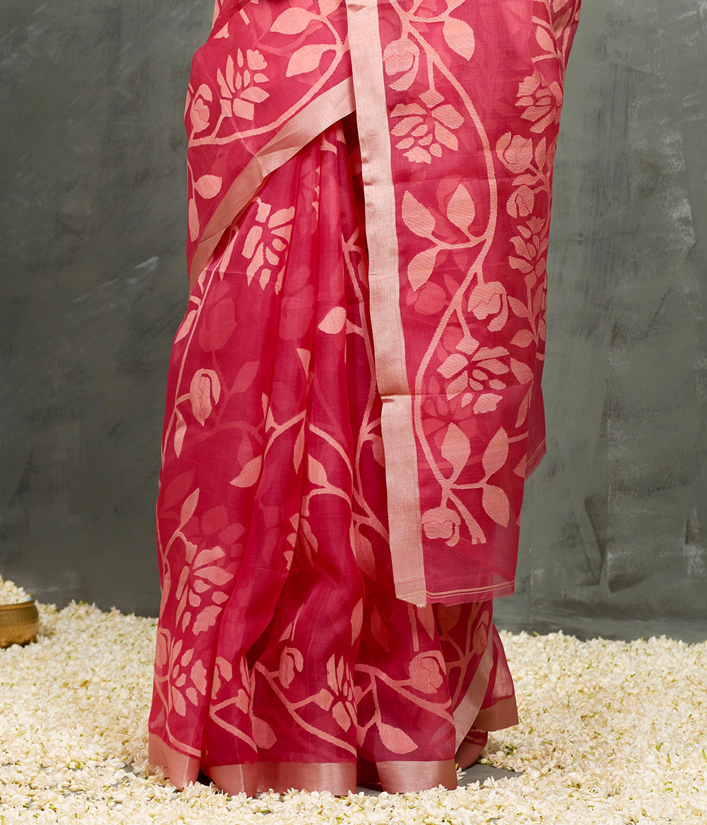 Handwoven_Strawberry_Pink_Muslin_Jamdani_Saree_with_all_over_Jaal_WeaverStory_04