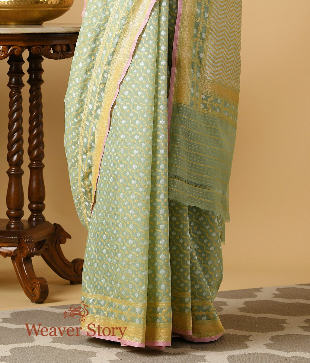 Handloom_Light_Green_Banarasi_Cotton_Saree_with_Gold_and_Silver_Zari_Jaal_WeaverStory_04