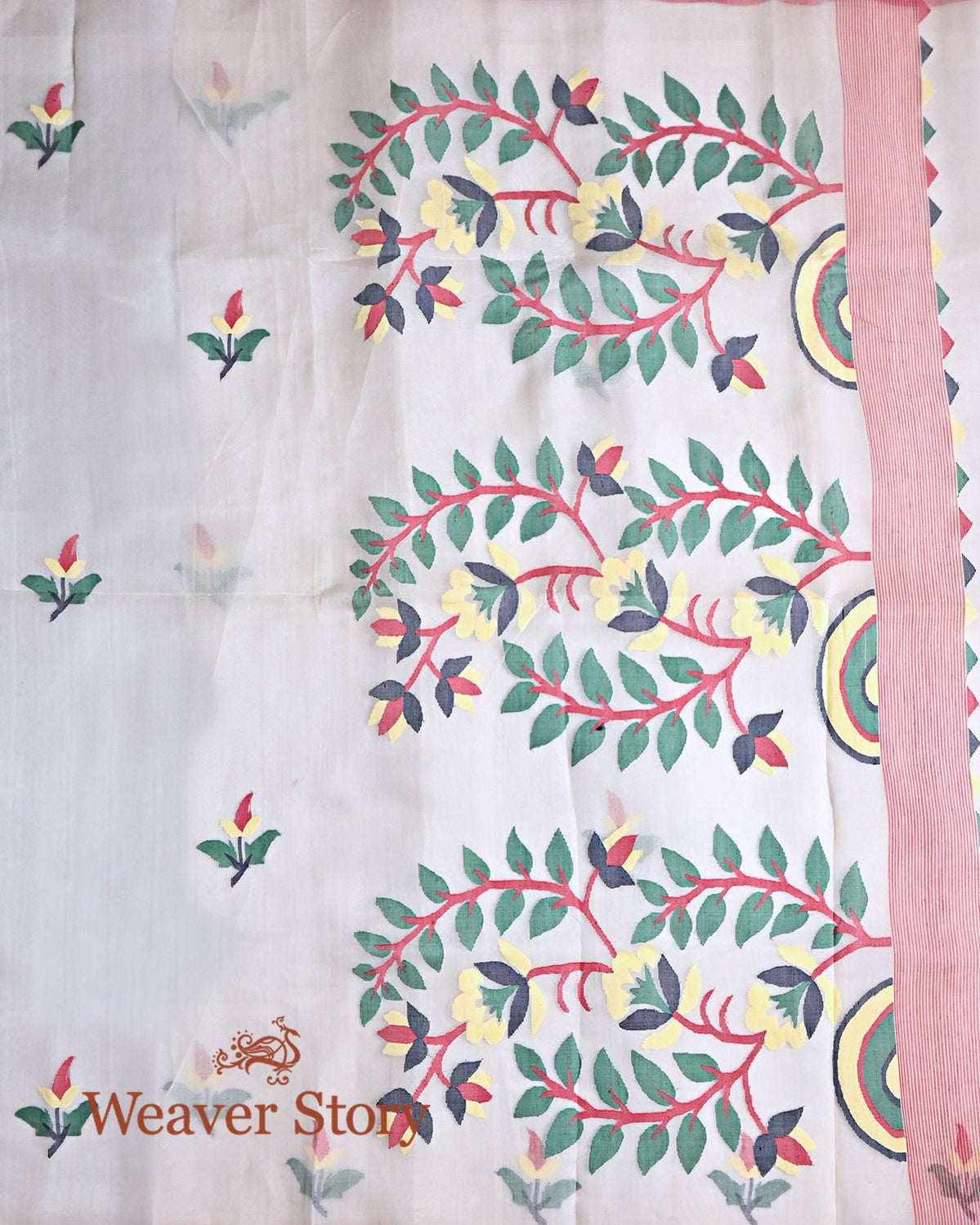 Handwoven_Offwhite_Silk_Muslin_Jamdani_Saree_with_Red_Selvedge_WeaverStory_04
