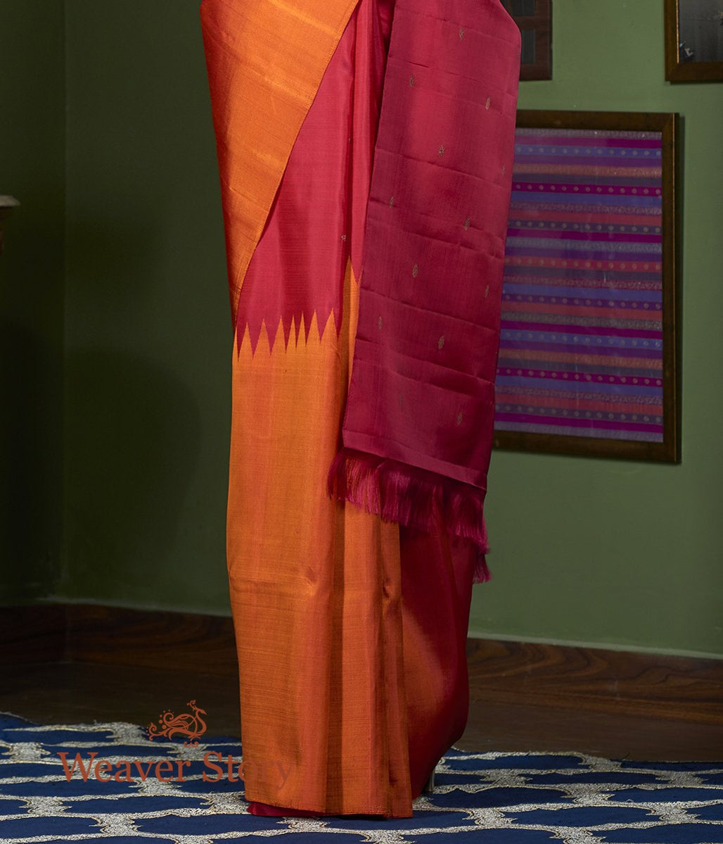 Handwoven_Orange_Twill_Weave_Kanjivaram_Saree_with_Rising_Temple_Borders_WeaverStory_04
