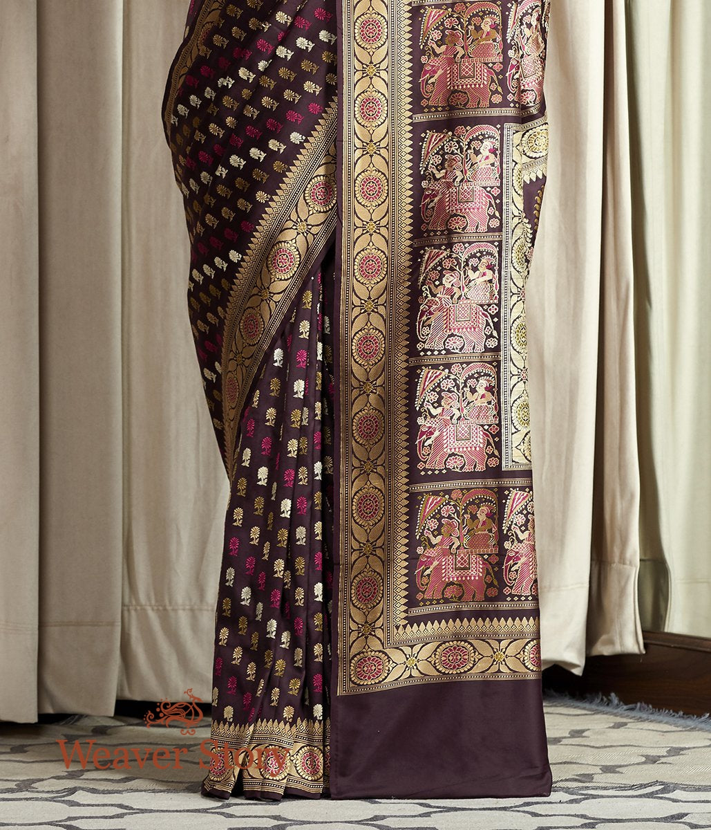 Banaras_Baluchari_saree_in_Brown_with_an_elaborate_elephant_pallu_WeaverStory_04