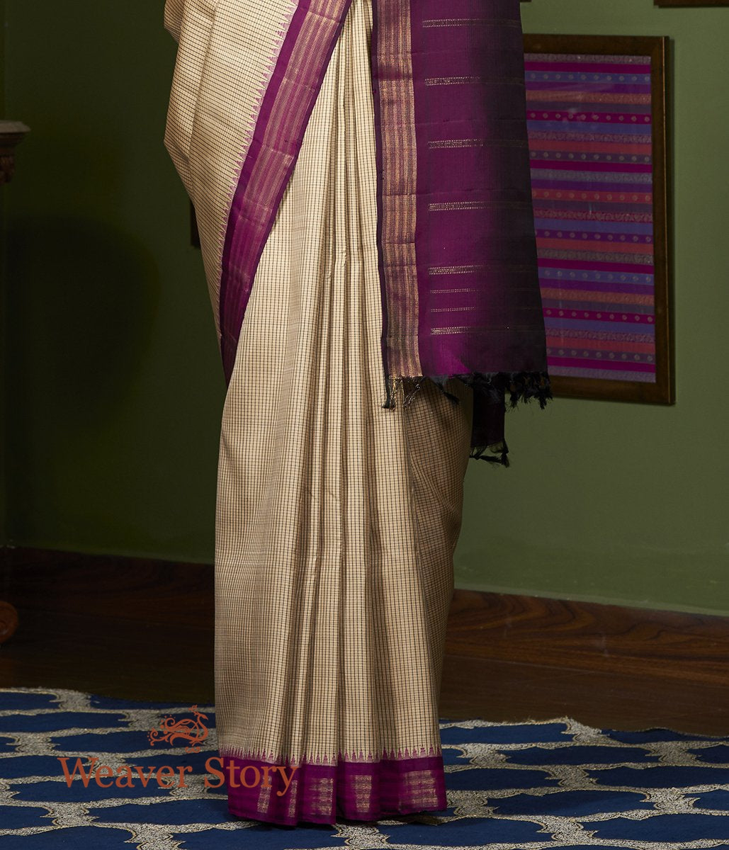 Handwoven_Beige_Ikat_Kanjivaram_Saree_with_Purple_Border_WeaverStory_04