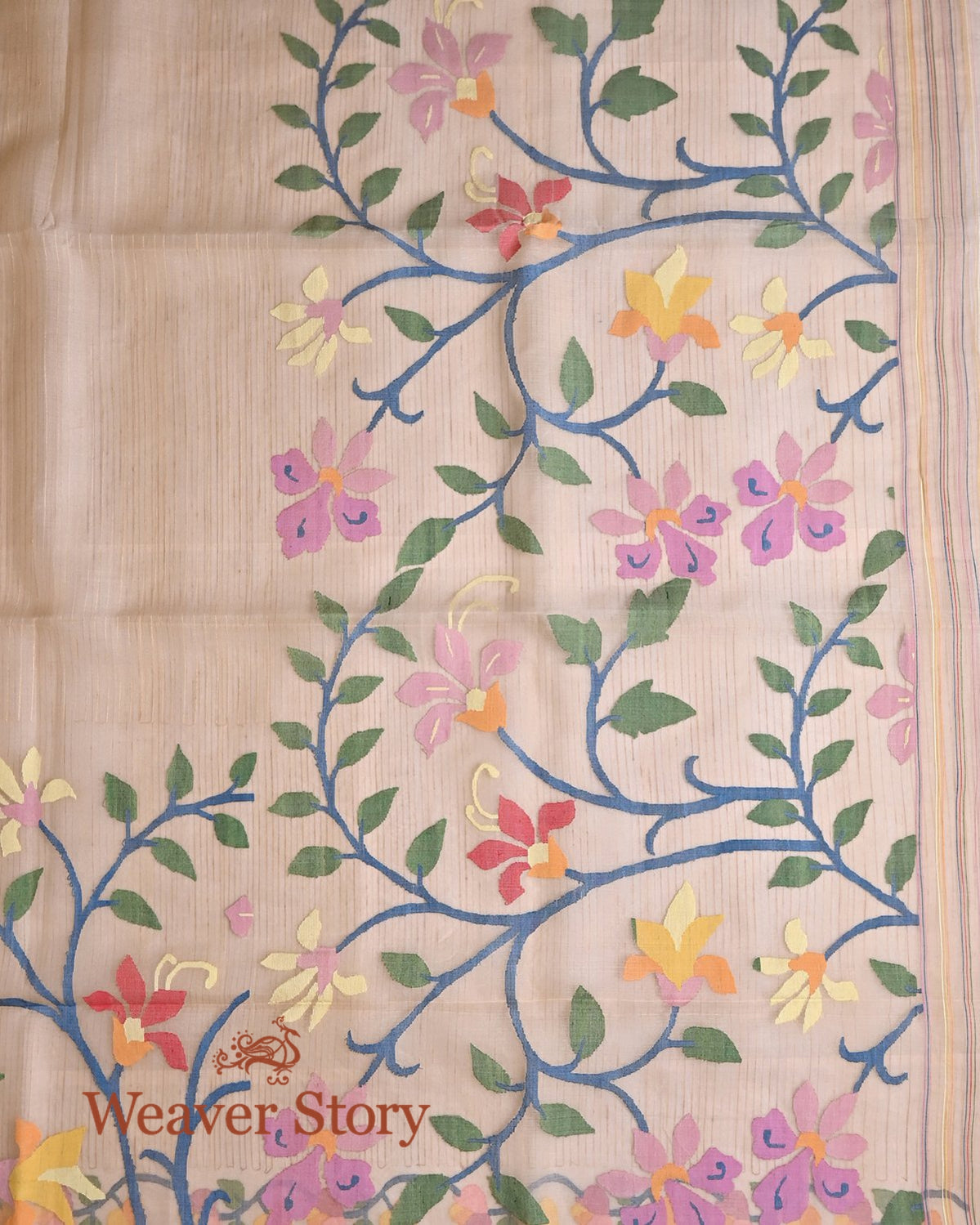 Handwoven_Beige_Brown_Silk_Muslin_Jamdani_Saree_with_Floral_Pallu_and_Self_Stripes_WeaverStory_04