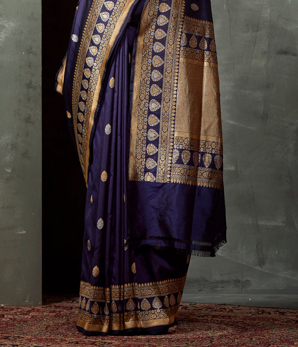 Handwoven_Navy_Blue_Kadhwa_Boota_Saree_with_Gold_and_Silver_Zari_WeaverStory_04