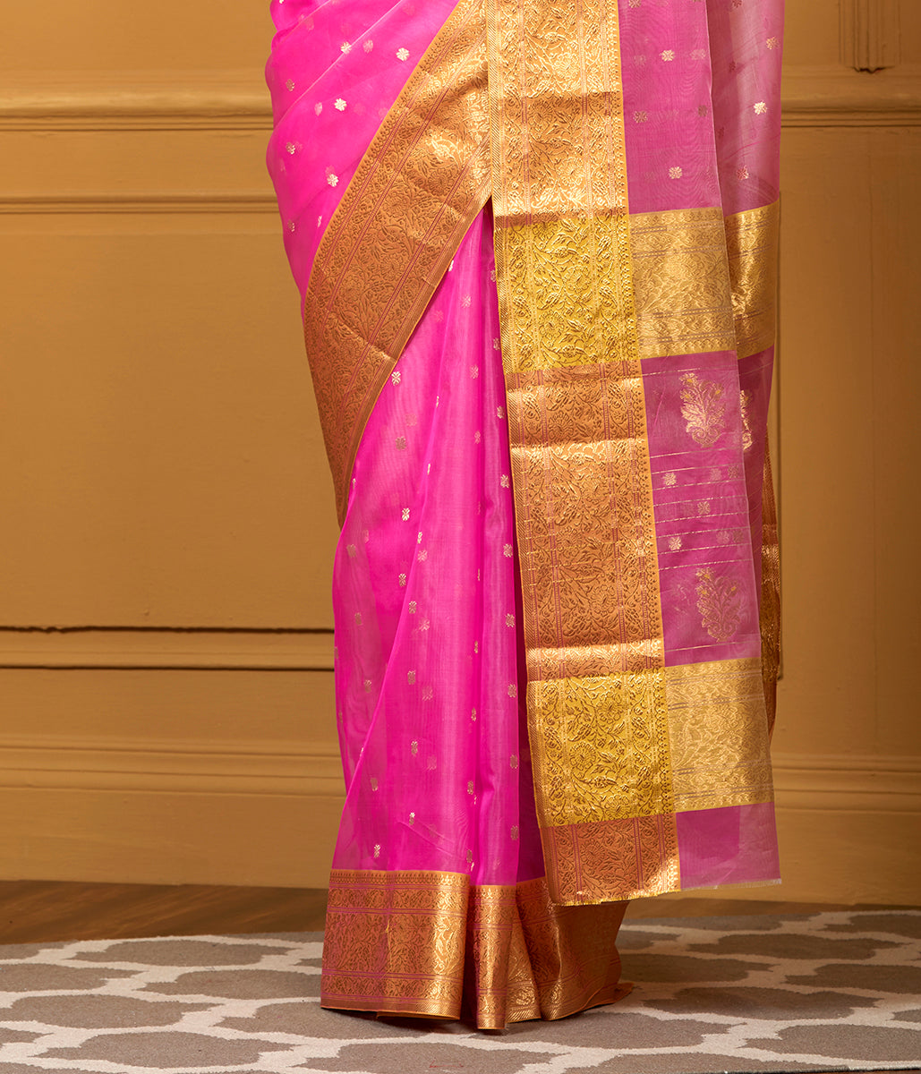 Handwoven_Pink_Kora_Katan_Chanderi_Saree_with_Mustard_Border_WeaverStory_04
