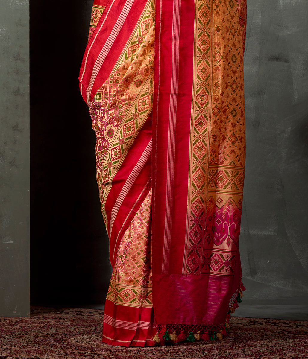 Handwoven_Peach_Meenakari_Patola_Saree_with_Red_Border_WeaverStory_04