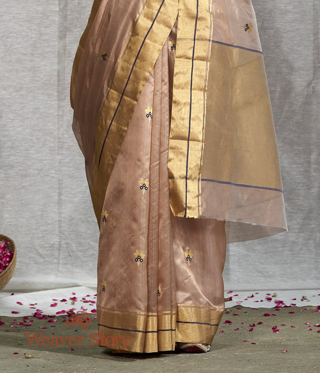 Handwoven_Light_Brown_Silk_Chanderi_Saree_with_Floral_Booti_and_Blue_Meenakari_WeaverStory_04