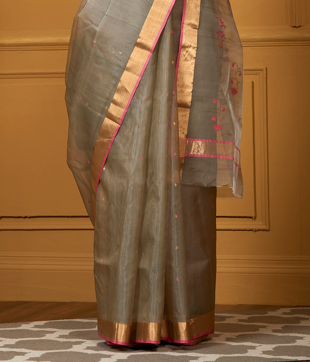 Handwoven_Grey_Kora_Silk_Chanderi_Saree_with_Pink_Booti_and_Meenakari_Pallu_WeaverStory_04