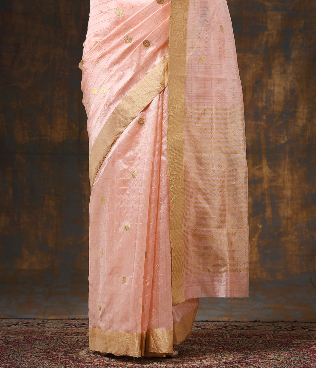 Handloom_Peach_Silk_Chanderi_Saree_with_Checks_and_Asharfi_Booti_WeaverStory_04