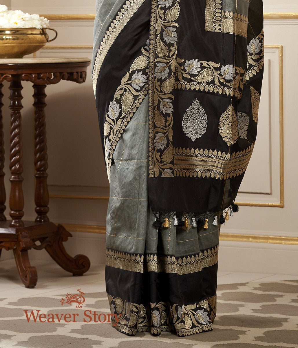 Handloom_Grey_Tusser_Silk_Saree_with_Checks_and_Contrast_Border_WeaverStory_04
