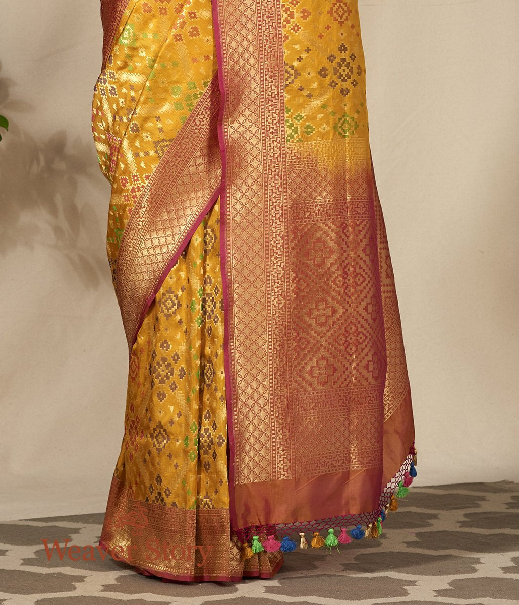 Handwoven_Mustard_Meenakari_Banarasi_Patola_Saree_with_Peach_Border_WeaverStory_04