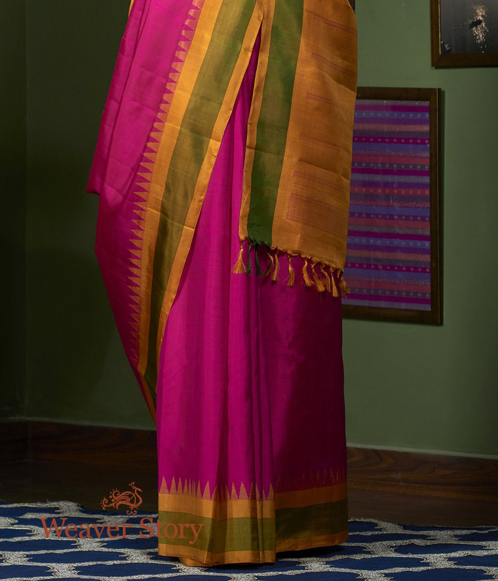 Handloom_Pink_Kanjivaram_Saree_with_Mustard_Temple_Border_WeaverStory_04