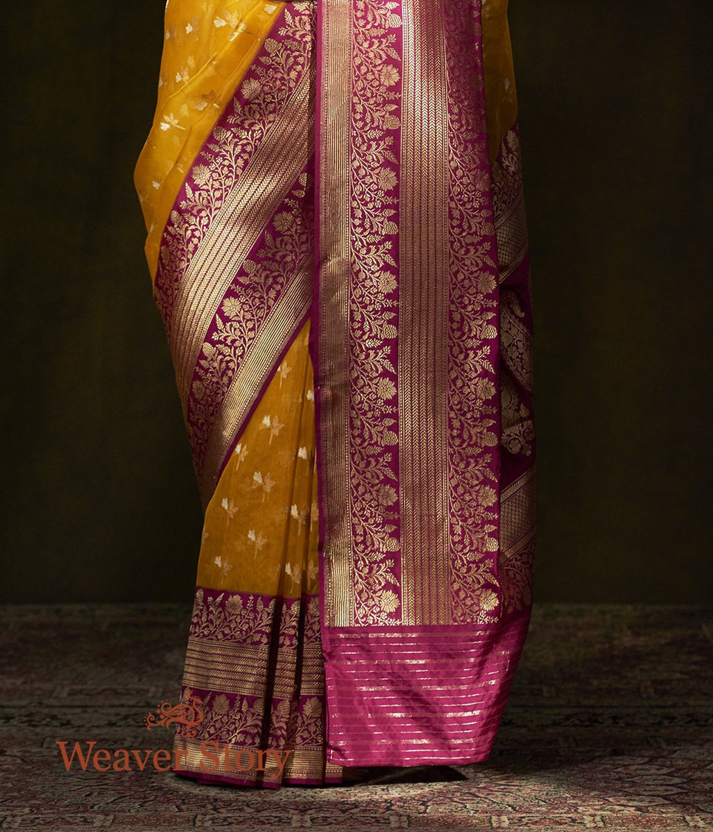 Handloom_Yellow_Kora_Silk_Banarasi_Saree_with_Pink_Border_WeaverStory_04
